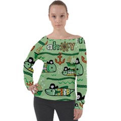 Seamless Pattern Fishes Pirates Cartoon Off Shoulder Long Sleeve Velour Top by uniart180623