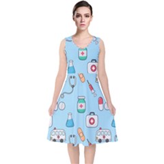 Medical-seamless-pattern V-neck Midi Sleeveless Dress 