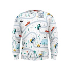 Cute-children-s-seamless-pattern-with-cars-road-park-houses-white-background-illustration-town Kids  Sweatshirt