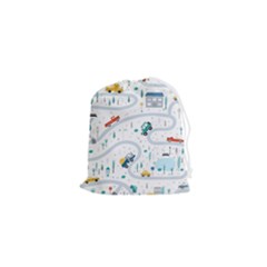 Cute-children-s-seamless-pattern-with-cars-road-park-houses-white-background-illustration-town Drawstring Pouch (xs)