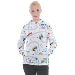 Cute-children-s-seamless-pattern-with-cars-road-park-houses-white-background-illustration-town Women s Hooded Pullover by uniart180623