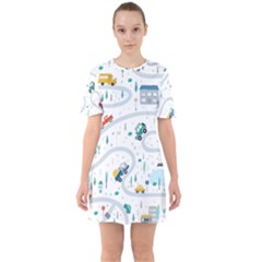 Cute-children-s-seamless-pattern-with-cars-road-park-houses-white-background-illustration-town Sixties Short Sleeve Mini Dress by uniart180623