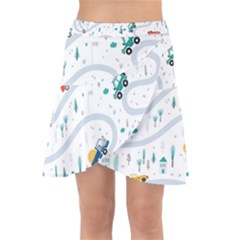 Cute-children-s-seamless-pattern-with-cars-road-park-houses-white-background-illustration-town Wrap Front Skirt by uniart180623