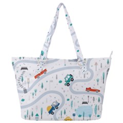 Cute-children-s-seamless-pattern-with-cars-road-park-houses-white-background-illustration-town Full Print Shoulder Bag by uniart180623