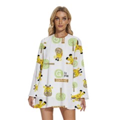 Vector-pattern-with-cute-giraffe-cartoon Round Neck Long Sleeve Bohemian Style Chiffon Mini Dress by uniart180623