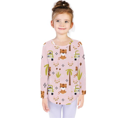 Cute-tiger-car-safari-seamless-pattern Kids  Long Sleeve Tee by uniart180623