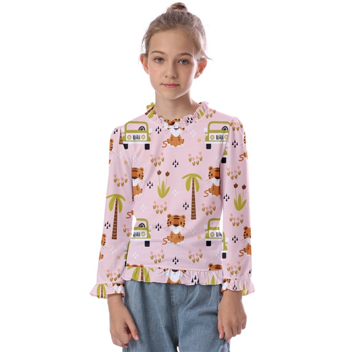 Cute-tiger-car-safari-seamless-pattern Kids  Frill Detail Tee