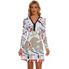 Animals-pattern Long Sleeve Deep V Mini Dress 