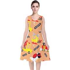 Seamless-pattern-cartoon-with-transportation-vehicles V-neck Midi Sleeveless Dress 