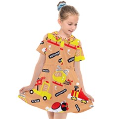 Seamless-pattern-cartoon-with-transportation-vehicles Kids  Short Sleeve Shirt Dress by uniart180623