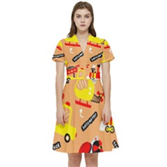 Seamless-pattern-cartoon-with-transportation-vehicles Short Sleeve Waist Detail Dress by uniart180623