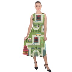 City-seamless-pattern Midi Tie-back Chiffon Dress