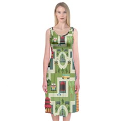 City-seamless-pattern Midi Sleeveless Dress