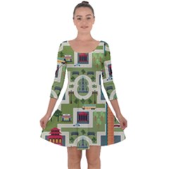 City-seamless-pattern Quarter Sleeve Skater Dress