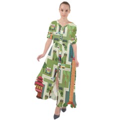 City-seamless-pattern Waist Tie Boho Maxi Dress