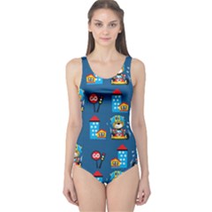 Racing-car-printing-set-cartoon-vector-pattern One Piece Swimsuit by uniart180623