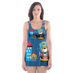 Racing-car-printing-set-cartoon-vector-pattern Skater Dress Swimsuit by uniart180623