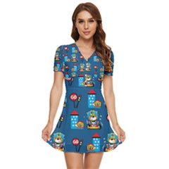 Racing-car-printing-set-cartoon-vector-pattern V-neck High Waist Chiffon Mini Dress by uniart180623