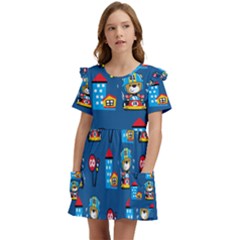 Racing-car-printing-set-cartoon-vector-pattern Kids  Frilly Sleeves Pocket Dress by uniart180623