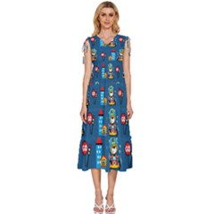 Racing-car-printing-set-cartoon-vector-pattern V-neck Drawstring Shoulder Sleeveless Maxi Dress