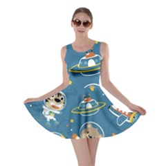 Seamless-pattern-funny-astronaut-outer-space-transportation Skater Dress by uniart180623