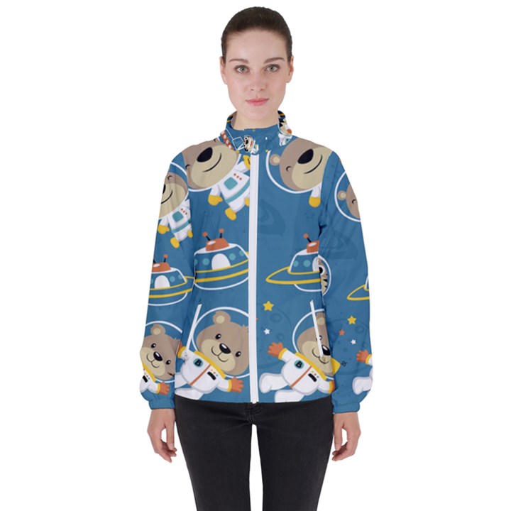 Seamless-pattern-funny-astronaut-outer-space-transportation Women s High Neck Windbreaker