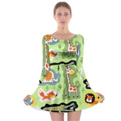 Seamless-pattern-with-wildlife-animals-cartoon Long Sleeve Skater Dress