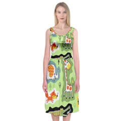 Seamless-pattern-with-wildlife-animals-cartoon Midi Sleeveless Dress