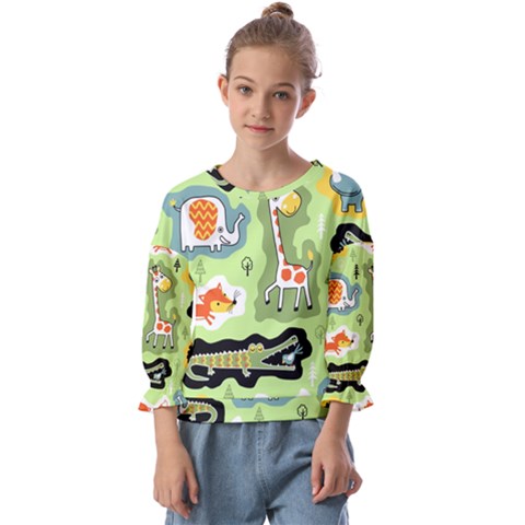 Seamless-pattern-with-wildlife-animals-cartoon Kids  Cuff Sleeve Top by uniart180623