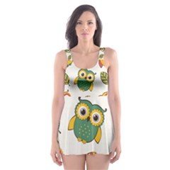 Background-with-owls-leaves-pattern Skater Dress Swimsuit