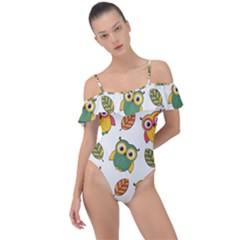 Background-with-owls-leaves-pattern Frill Detail One Piece Swimsuit by uniart180623