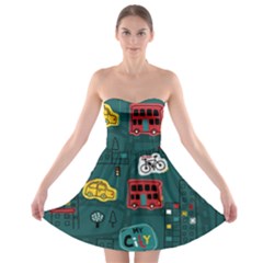Seamless-pattern-hand-drawn-with-vehicles-buildings-road Strapless Bra Top Dress by uniart180623