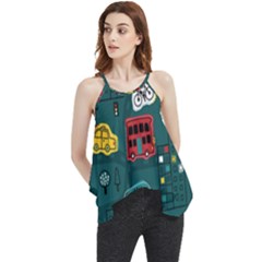 Seamless-pattern-hand-drawn-with-vehicles-buildings-road Flowy Camisole Tank Top by uniart180623