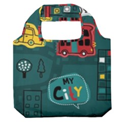 Seamless-pattern-hand-drawn-with-vehicles-buildings-road Premium Foldable Grocery Recycle Bag by uniart180623