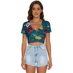 Seamless-pattern-hand-drawn-with-vehicles-buildings-road V-neck Crop Top by uniart180623