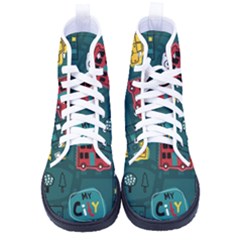 Seamless-pattern-hand-drawn-with-vehicles-buildings-road Kid s High-top Canvas Sneakers