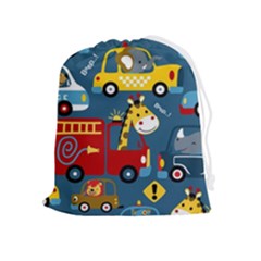 Seamless-pattern-vehicles-cartoon-with-funny-drivers Drawstring Pouch (xl) by uniart180623