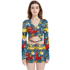 Seamless-pattern-vehicles-cartoon-with-funny-drivers Velvet Wrap Crop Top And Shorts Set by uniart180623