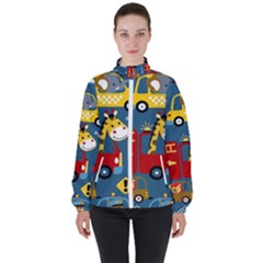 Seamless-pattern-vehicles-cartoon-with-funny-drivers Women s High Neck Windbreaker by uniart180623