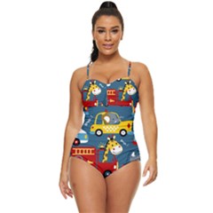 Seamless-pattern-vehicles-cartoon-with-funny-drivers Retro Full Coverage Swimsuit