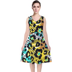 Seamless-leopard-wild-pattern-animal-print V-neck Midi Sleeveless Dress 