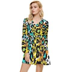 Seamless-leopard-wild-pattern-animal-print Tiered Long Sleeve Mini Dress