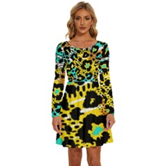 Seamless-leopard-wild-pattern-animal-print Long Sleeve Wide Neck Velvet Dress