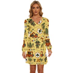 Seamless-pattern-funny-ranger-cartoon Long Sleeve Waist Tie Ruffle Velvet Dress by uniart180623