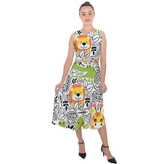 Seamless-pattern-with-wildlife-cartoon Midi Tie-back Chiffon Dress
