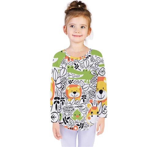 Seamless-pattern-with-wildlife-cartoon Kids  Long Sleeve Tee by uniart180623