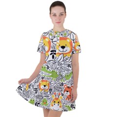 Seamless-pattern-with-wildlife-cartoon Short Sleeve Shoulder Cut Out Dress 