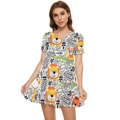 Seamless-pattern-with-wildlife-cartoon Tiered Short Sleeve Babydoll Dress