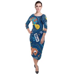 Seamless-pattern-vector-submarine-with-sea-animals-cartoon Quarter Sleeve Midi Velour Bodycon Dress by uniart180623