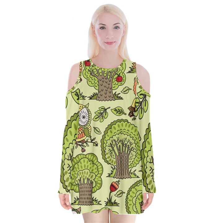 Seamless-pattern-with-trees-owls Velvet Long Sleeve Shoulder Cutout Dress
